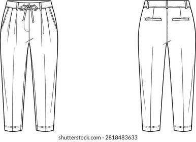 Drawstring pleated trousers flat sketch technical drawing vector illustration with welt pockets and belt loops.eps
