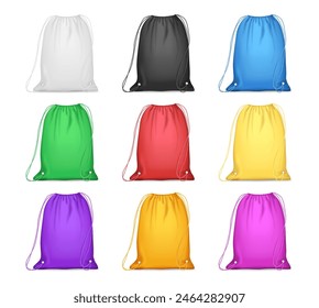 Drawstring realistic sack with ropes for closing. Vector isolated blank sacks for sports shoes or clothes. Pouch or textile pack assortment for mockup and copy space. Simple modern canvas fabric tote