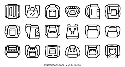 Drawstring sack icons set. Backpack icons set featuring various designs for hiking, school, travel, and everyday use, highlighting diverse carrying options 