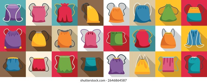  Conjunto de ícones do saco Drawstring. Coleção de várias mochilas coloridas representando diferentes estilos e usos, ideal para projetos relacionados a atividades ao ar livre, escola, esportes ou viagens