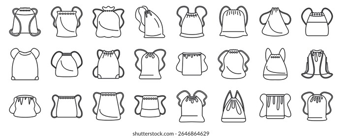  Drawstring sack icons set. Line art icons representing various gym bags and backpacks, showcasing diverse styles, shapes, and closures for carrying sports gear or personal belongings