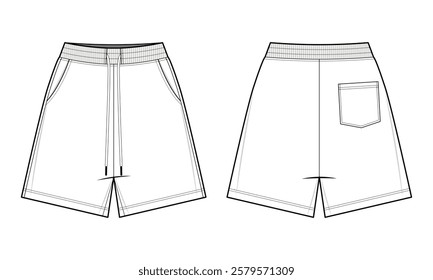 Drawstring Shorts Technical Fashion Illustration. Casual Elastic-Waist Shorts Vector Template. Front and back back view. Casual streetwear. Men’s and Women’s Loungewear. White color. CAD Mockup Set.