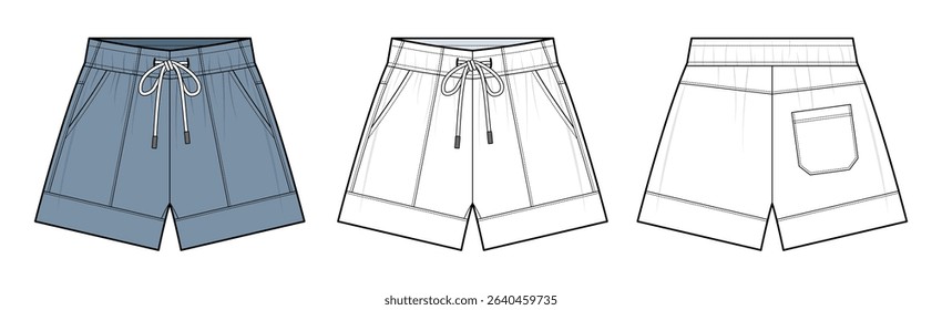 Men’s Drawstring Shorts Technical Fashion Illustration. Casual Summer Shorts with Side Pockets and Back Patch Pocket. Front, Back, and Color Variations. Relaxed Fit. CAD Mockup Set.