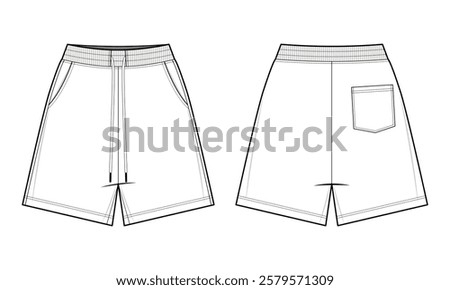 Drawstring Shorts Technical Fashion Illustration. Casual Elastic-Waist Shorts Vector Template. Front and back back view. Casual streetwear. Men’s and Women’s Loungewear. White color. CAD Mockup Set.
