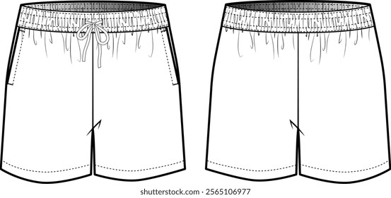 Drawstring Sweat Shorts – Casual Short Pants with Elastic Waistband Fashion Flat Sketch CAD Template