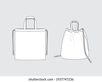 drawstring tote, front and back, drawing technical flat sketches of garments with vector illustration.