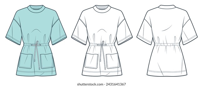 Drawstring T-Shirt fashion flat technical drawing template. Tunic Dress technical fashion Illustration, pocket, tie belt, oversize, front and back view, white, green, women CAD mockup set.