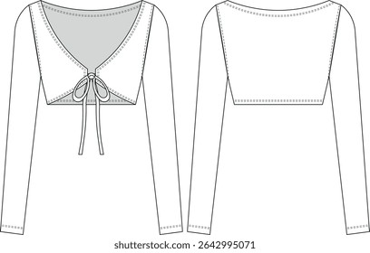with drawstring v neck long sleeve cropped crop blouse top template technical drawing flat sketch cad mockup fashion woman design style model 