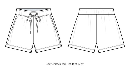 Drawstring Waist Shorts Technical Fashion Illustration. Wide-Leg Shorts with Side Pockets Vector Template. Relaxed Fit. Elastic Waistband. Front and Back View design. Unisex Athleisurewear. CAD Mockup