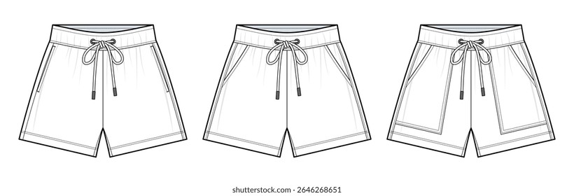 Drawstring Waist Track Shorts Set Technical Fashion Illustration. Wide-Leg Shorts with Three Pocket Style Variations Vector Template. Elastic Waistband. Relaxed Fit. Unisex Athleisurewear. CAD Mockup