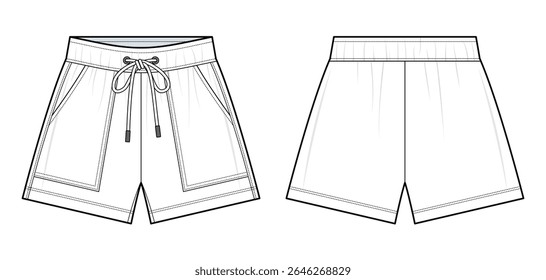 Drawstring Waist Track Shorts Technical Fashion Illustration. Wide-Leg Shorts with Side Pockets Vector Template. Relaxed Fit. Elastic Waistband. Front and Back View. Unisex Athleisurewear. CAD Mockup.
