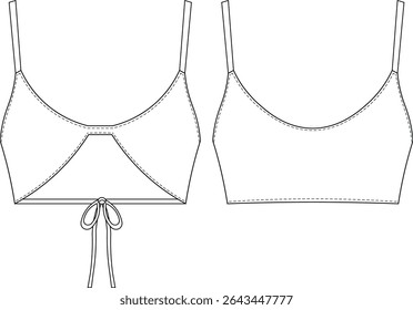 com cordões deslizantes scoop u pescoço sem mangas strappy alças de ombro cortadas corte elástico blusa top sutiã modelo técnico desenho plano esboço cad maquete moda mulher design estilo modelo 