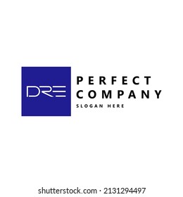 DRE monogram vector logo within a blue square. Suitable for company, organization, product and brand logo.