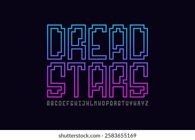 Dread Stars Font. Retro 8-Bit Typeface. Set of Pixelated Latin Capital Letters and Numbers. Vector Illustration.