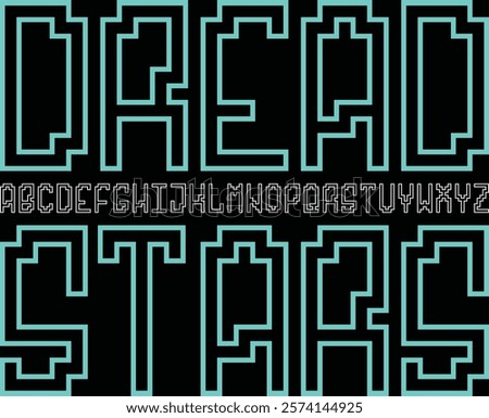 Dread Stars Font. Retro 8-Bit Typeface. Set of Pixelated Latin Capital Letters and Numbers. Vector Illustration.