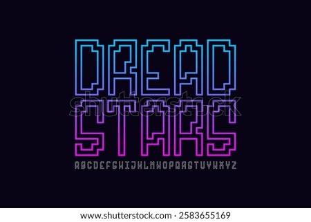 Dread Stars Font. Retro 8-Bit Typeface. Set of Pixelated Latin Capital Letters and Numbers. Vector Illustration.