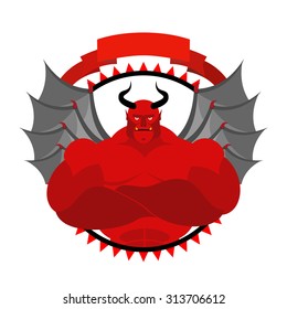 Dreaded, Scary Satan logo for a sports team or sports club. Red demon with large muscles. Vector emblem
