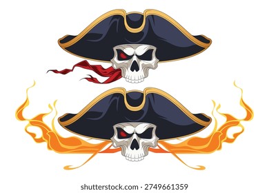 Dreadful pirate skull in blazing fire. Template for printed materials and web.