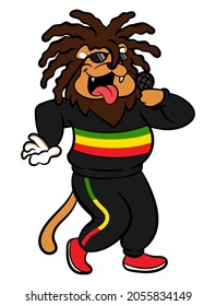 Dreadlock lion cartoon character wearing sunglasses, jacket and training pants with rastafarian flag colors, singing a reggae song with microphone, best for logo and mascot with reggae themes