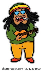 dreadlock man wearing beanie cap with rastafarian flag color, singing reggae song with guitar while smoking marijuana, best for decal, mascot, and logo with reggae music themes