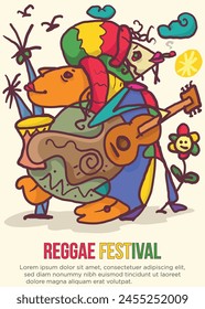 dreadlock percussion player and guitarist concept. abstract prehistoric images reggae festival template poster vector illustration.