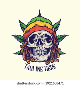Dreadlock Rastaman Skull Jamaican leaf Weed Background illustrations for your work Logo, mascot merchandise t-shirt, stickers and Label designs, poster, greeting cards advertising business company or 