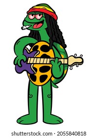 dreadlock turtle wearing beanie cap with rastafarian flag color, playing reggae music with electric bass guitar while smoking marijuana, best for sticker, mascot, and logo with reggae music themes