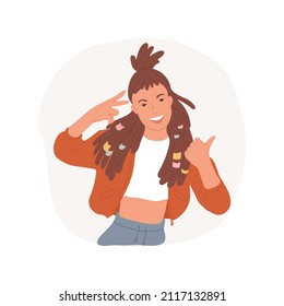 Dreadlocks Abstract Concept Vector Illustration. Smiling And Cute Girl Enjoying Her Dreadlock, Teenagers Portrait With New Hairstyle, Fashion Teen Showing Ok And Laughing Abstract Metaphor.