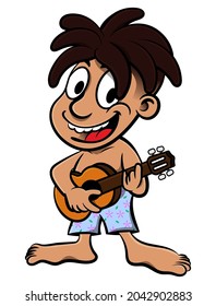 dreadlocks boy wearing swimwear singing while playing guitar on summer camp, best for sticker, mascot, and logo for summer tour guide service