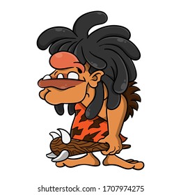 dreadlocks Hair caveman carry a club with teeth accesories and wearing skin clothes Mascot Characters Cartoon Vector