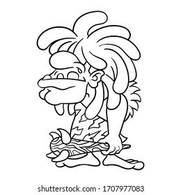 Dreadlocks Hair caveman carry a club with teeth accesories and wearing skin clothes coloring book Cartoon Vector