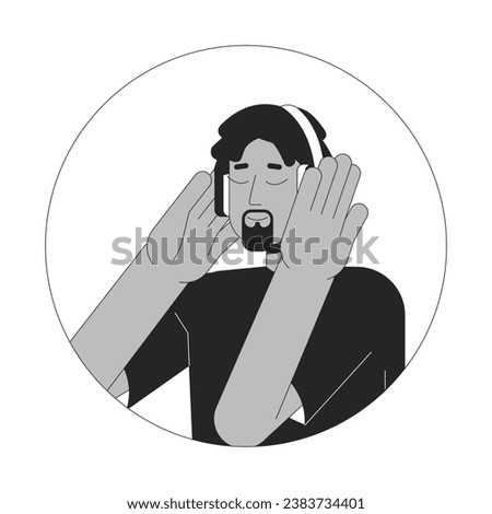 Dreadlocks happy african american man headphones black and white 2D vector avatar illustration. Listen to music outline cartoon character face isolated. Dreads music lover flat user profile image