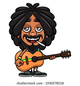 Dreadlocks Man Cartoon Characters Playing Reggae Music With Acoustic Guitar While Smoking Marijuana, Best For Sticker Or Mascot Of Reggae Music Themes