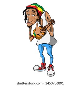 Dreadlocks Man wearing a Skullcap with Reggae Style playing Ukulele Guitars Cartoon Vector