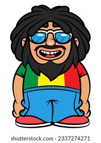 Bloquea a hombres con barba usando gafas de sol y camiseta con colores rastafarianos de la bandera. Mejor para pegatinas, decoración y mascotas con temas de música reggae