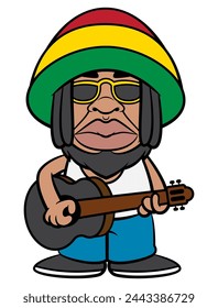 Dreadlocks men with bearded face wearing sunglasses, beanie hat with rastafarian flag colors. Playing music reggae with acoustic guitars. Best for sticker, mascot, and logo with reggae music themes