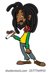 Dreadlocks men wearing jacket with Rastafarian Flag colors and smoking marijuana. Best for sticker, logo, and mascot for cannabis leaf products