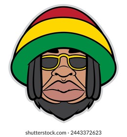 dreadlocks men wearing sunglasses and beanie hat with rastafarian flag colors. Best for sticker, Avatar, icon, logo, and mascot with reggae music themes