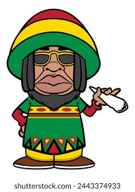 Hombres con rastas usando gafas de sol, gorro de gorro y atuendo con colores de la bandera rastafari fumando marihuana. Lo mejor para mascota, logotipo y pegatina con temas de marihuana