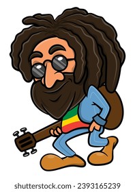 Dreadlock-Herren mit Sonnenbrille und Jeans-Jacke mit rasta Fahnenfarben T-Shirt, beim Gehen mit einer Gitarre. Bestens für Aufkleber, Logo und Maskottchen mit Reggae-Musikthemen