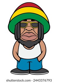 Dreadlocks men wearing sunglasses, tank top, jeans pants, and beanie hat with rastafarian flag colors. Best for sticker, logo, and mascot with reggae music themes