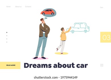 Dream about car concept of landing page with father looking at kid drawing vehicle on wall. Men and automobile love. Cartoon flat vector illustration