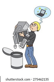 Dream about a notebook. Cartoon man throwing out the old computer and dreaming about a new laptop
