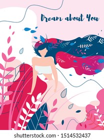Dream about You Valentines Greeting Card. Young Beautiful Girl Sitting on Grass among Bushes and Leaves Flat Cartoon Poster Vector Illustration. Woman with Herbs in Hair. Natural Concept.