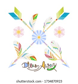 Soñar. Flecha y plumas. Talisman nativo americano indio, arte de tatuajes, libro de colorear para adultos. Hipster vectorial e ilustración boho sobre fondo blanco