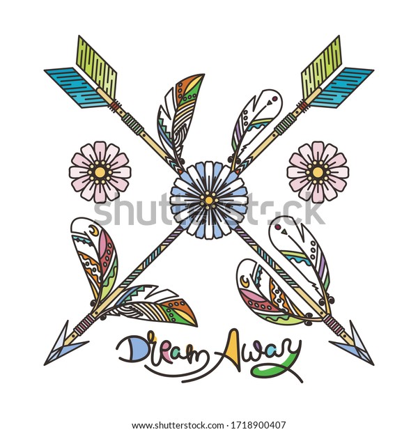 Dream Away. Arrow and feathers.\
Native American Indian talisman, tattoo art, coloring book for\
adults. Vector hipster and boho illustration on white\
background