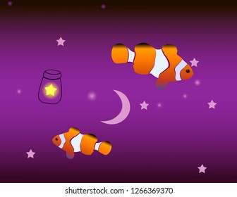 Dream background. Abstract illustration of two clown fishes on the purple background among Moon and stars