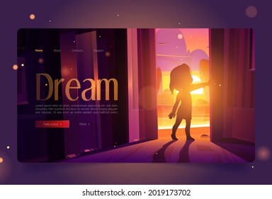 Dream banner with girl open door at sunset