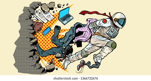 dream of being an astronaut, leader breaks out of stereotypes. breaks the wall New life space and science. Pop art retro vector illustration vintage kitsch