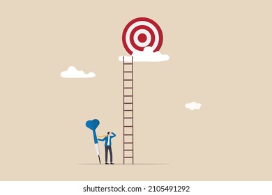 Dream Big Aim High, Ambition And Challenge To Success In Business, Motivation To Achieve Big Goal Or Target, Career Development Concept, Ambitious Businessman Hold Dart Aim High At Target On The Cloud